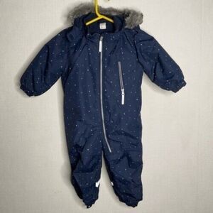 H&M Infant Size 12-18M Navy All over Stars Print Hooded One Piece Snowsuit